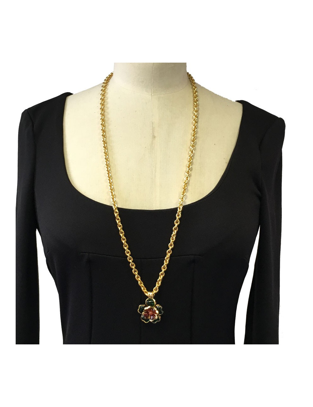 Collier MARGUERITE DE VALOIS fleurette en pâte de verre émeraude et ambre