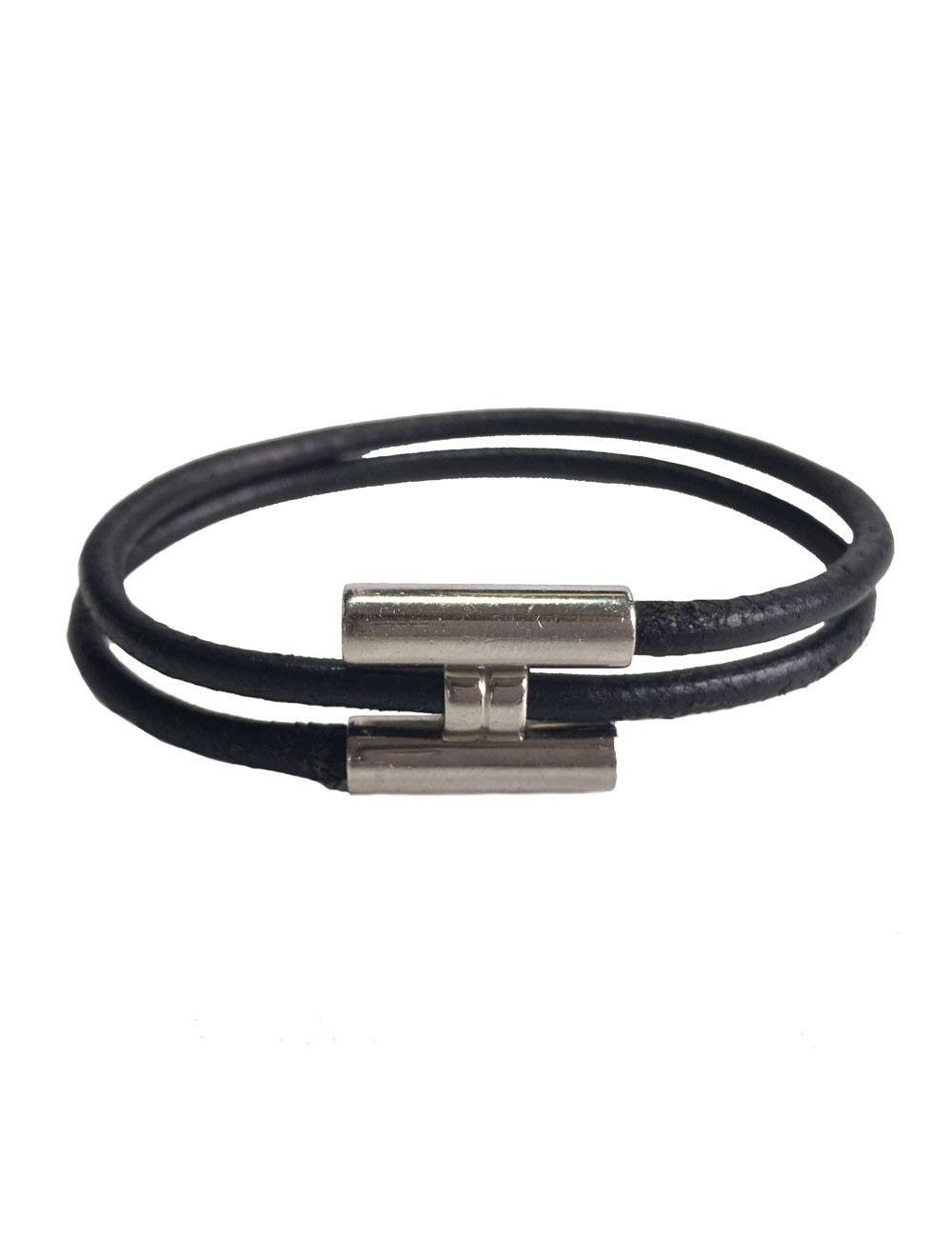 Dizzy HERMES leather black and silver ring link bracelet