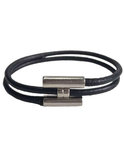 Dizzy HERMES leather black and silver ring link bracelet