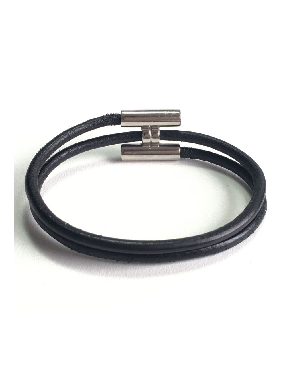 Bracelet Tournis HERMES lien en cuir noir et argent palladié