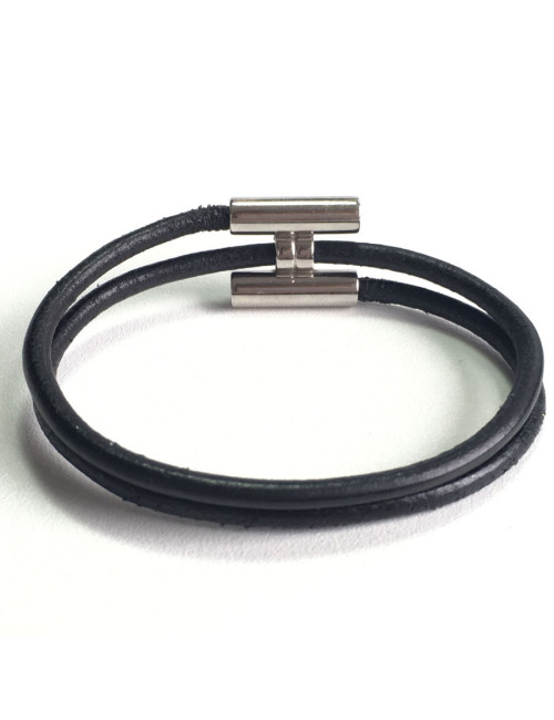 Bracelet Tournis HERMES lien en cuir noir et argent palladié