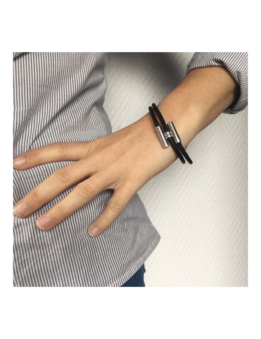 Dizzy HERMES leather black and silver ring link bracelet