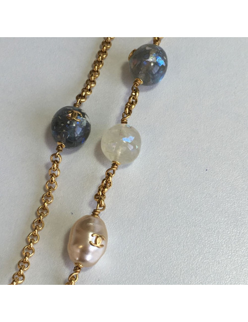 Ceinture sautoir CHANEL perles bleues et perles nacrées