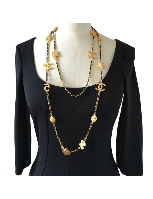 Symbols in gold metal and link black leather CHANEL necklace