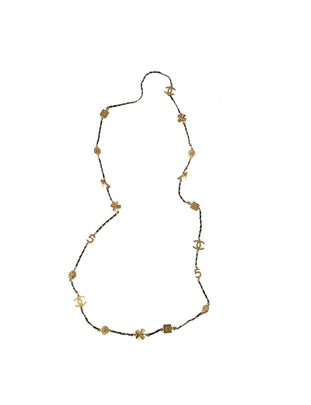 Symbols in gold metal and link black leather CHANEL necklace