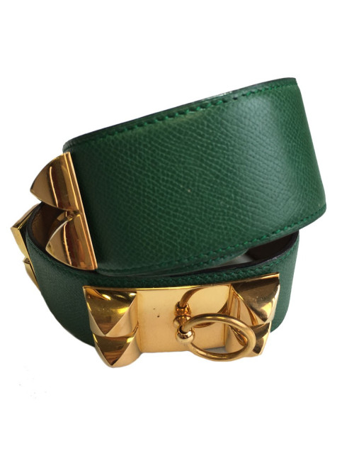 Belt HERMES Medor T70 leather green lawn courchevel Golden jewelry