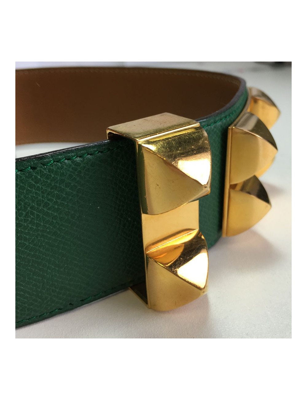 Belt HERMES Medor T70 leather green lawn courchevel Golden jewelry