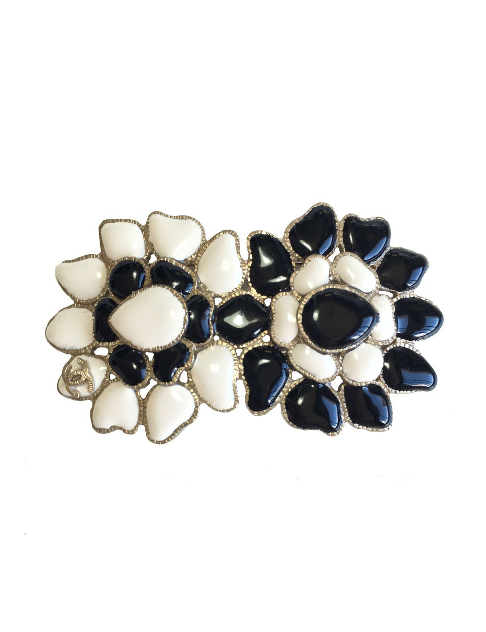 Broche CHANEL noire et blanche en métal doré