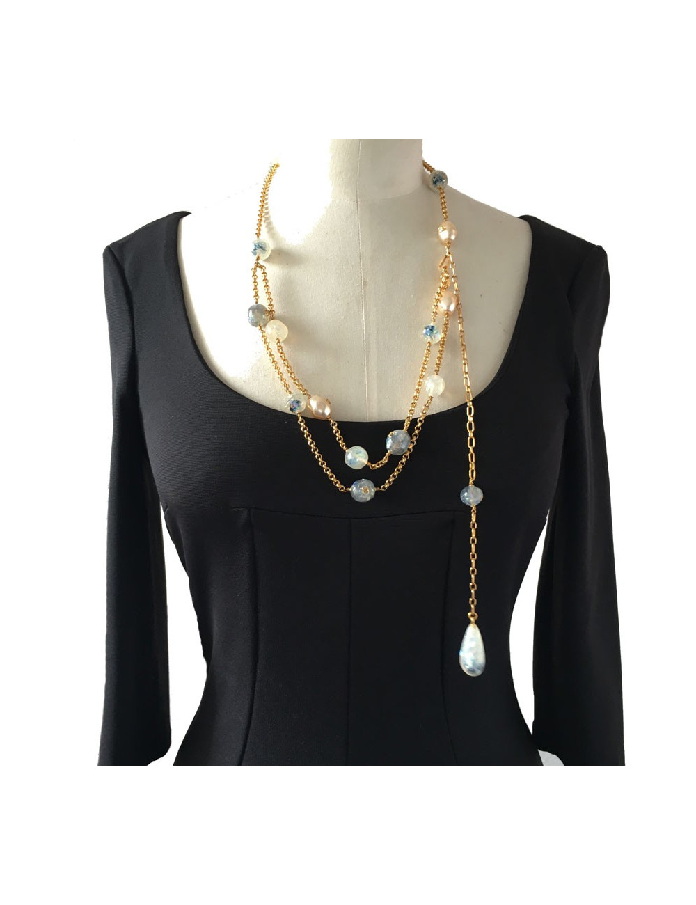 Ceinture sautoir CHANEL perles bleues et perles nacrées