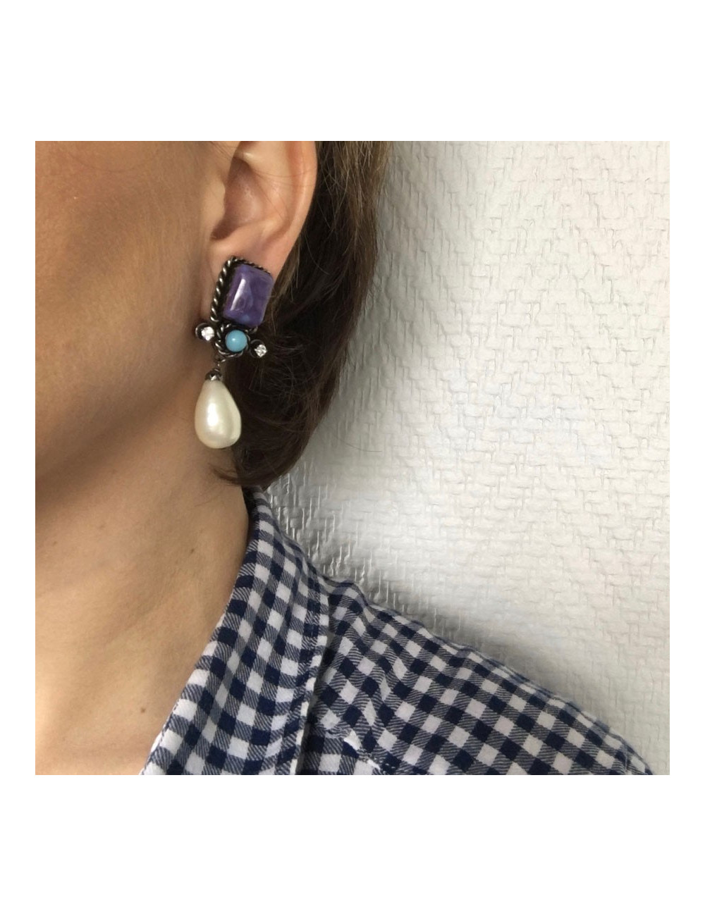 Boucles d'oreille Clips CHANEL Couture en métal ruthénium et pâte de verre