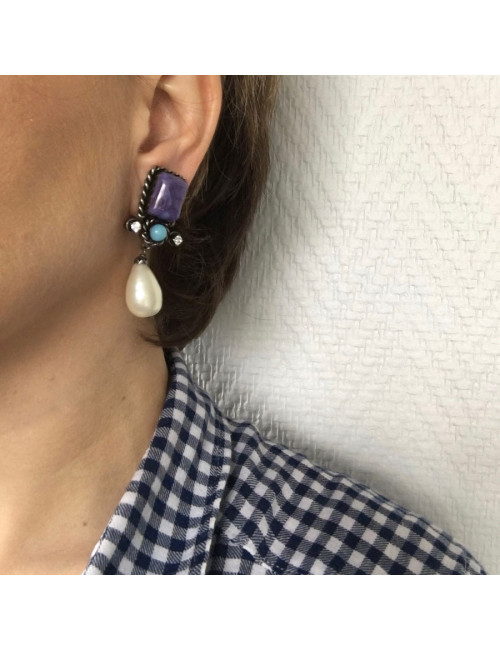 Metal ruthenium and glass paste Clips CHANEL Couture earrings