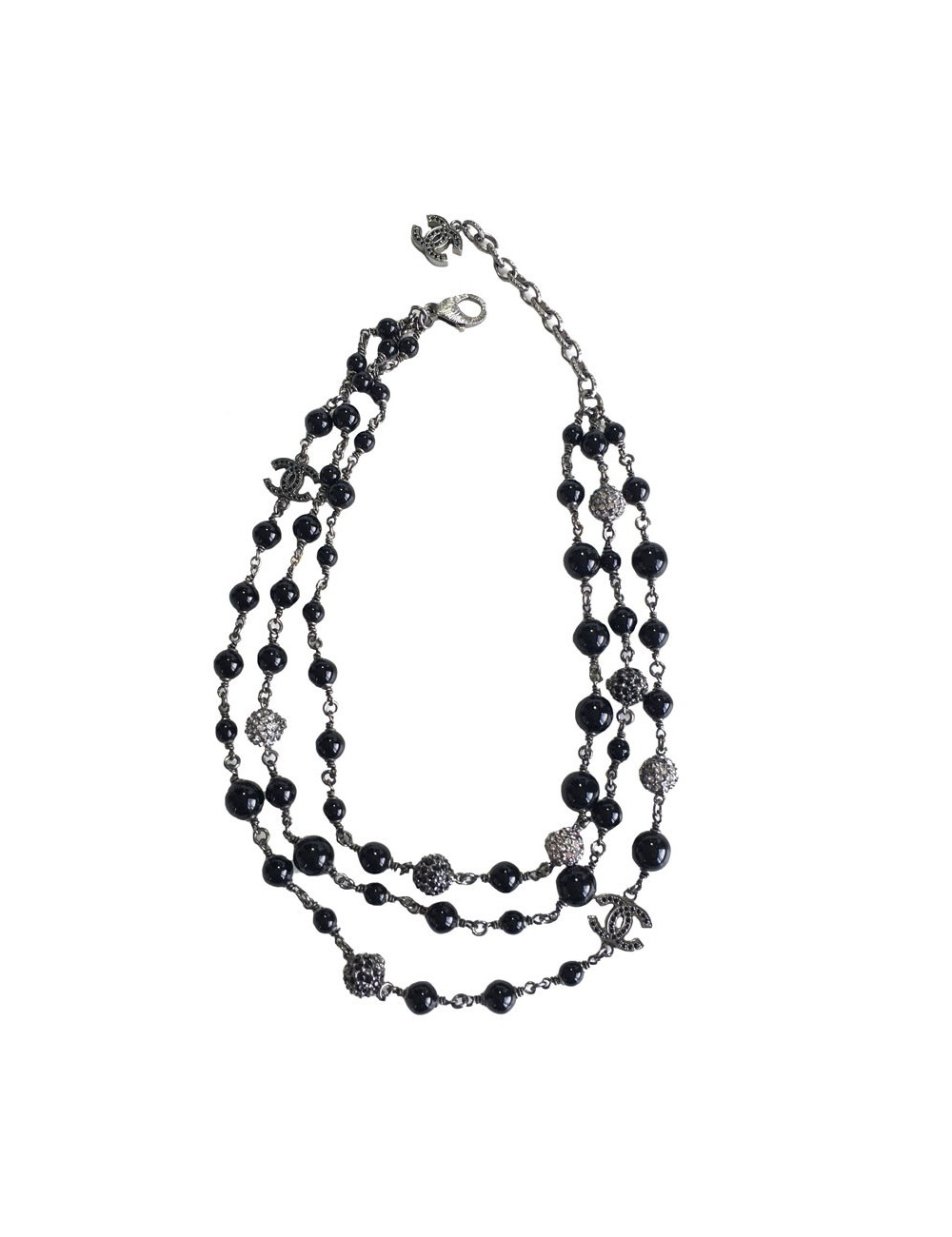Collier CHANEL triple rangs en métal argenté, perles noires et strass blancs et noirs