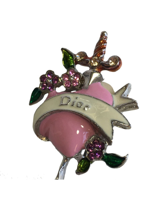 Boucles d'oreille clips DIOR coeur rose et strass multicolore