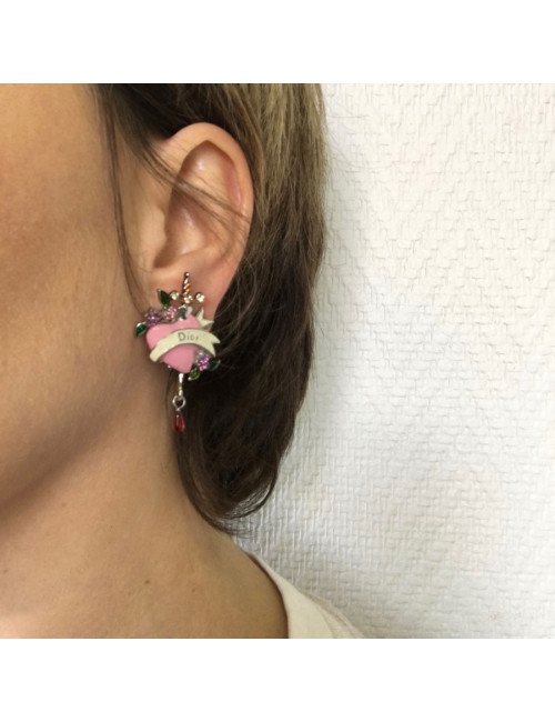 DIOR pink heart clips and multicolor rhinestone earrings