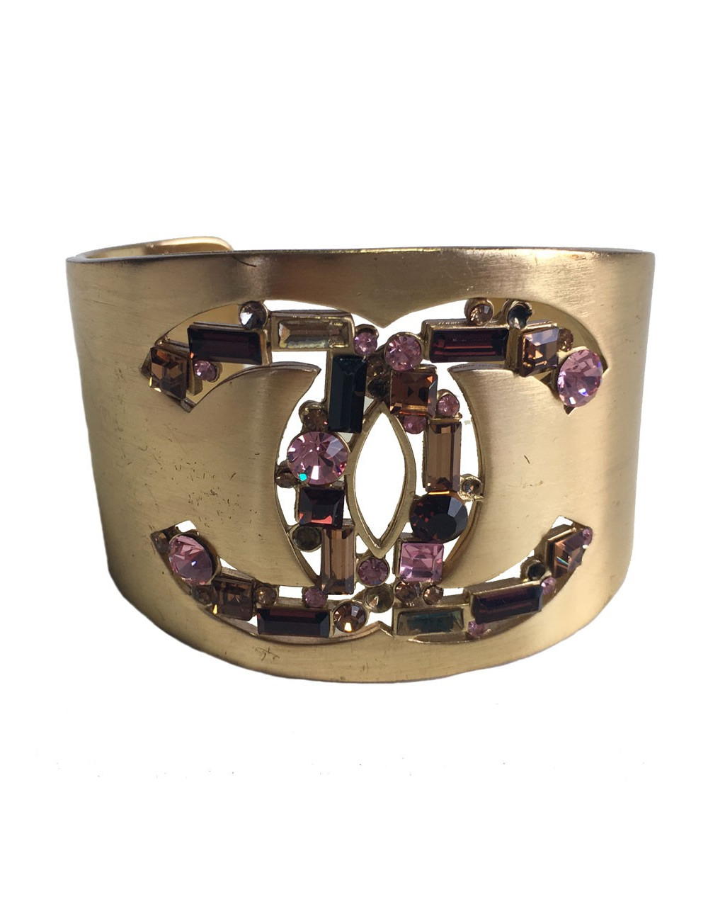 Manchette CHANEL en métal doré et strass multicolore