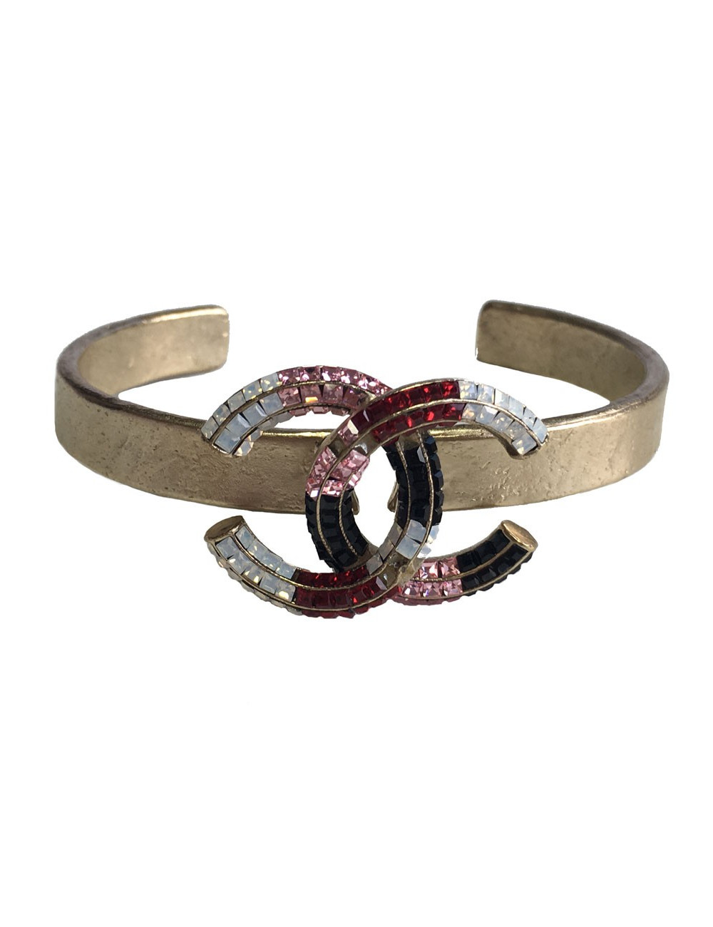 Bracelet CHANEL en métal doré or pâle et CC serti de strass