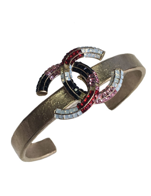 Bracelet CHANEL en métal doré or pâle et CC serti de strass