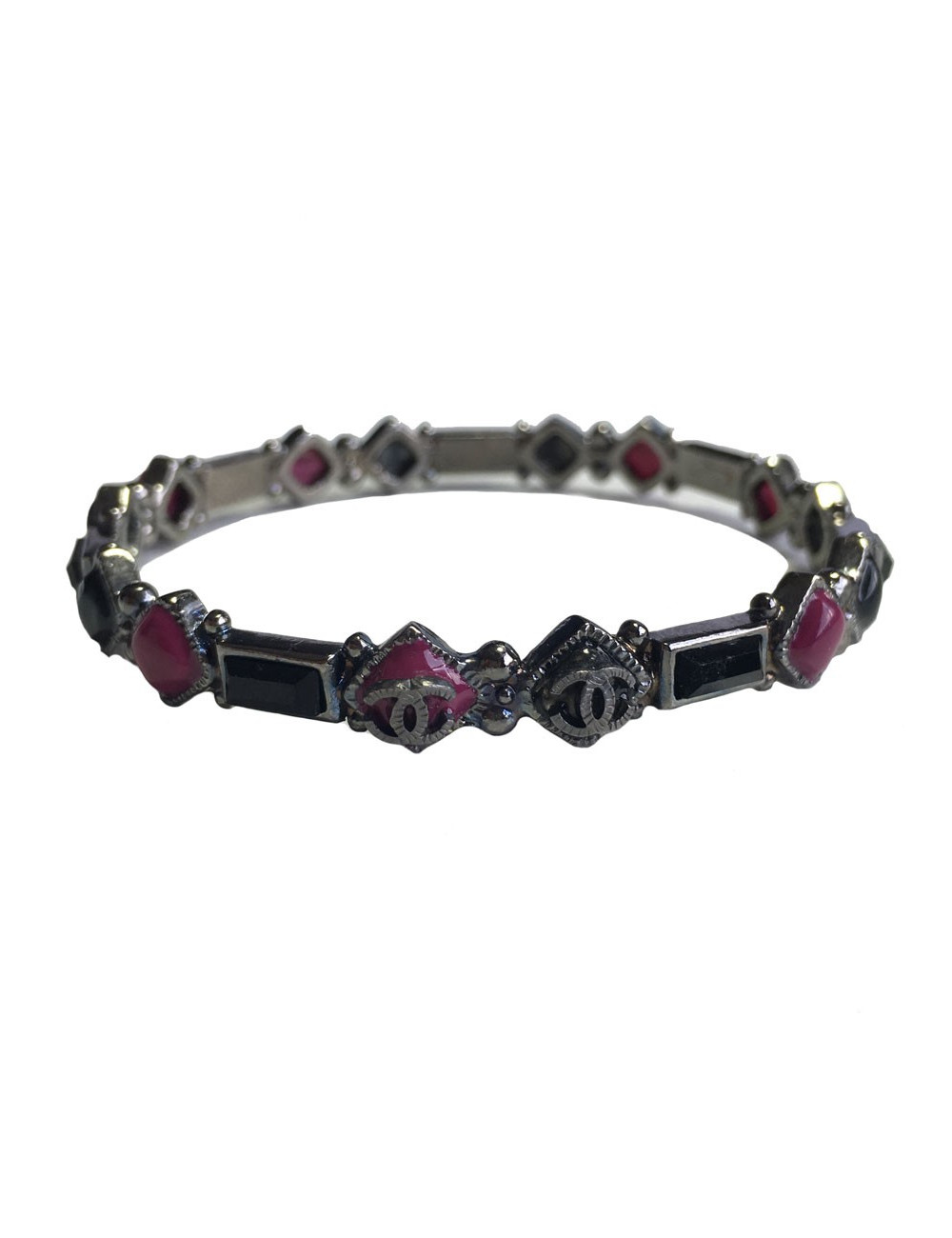 Bracelet CHANEL pâte de verre fuchsia, noir et cristal noir