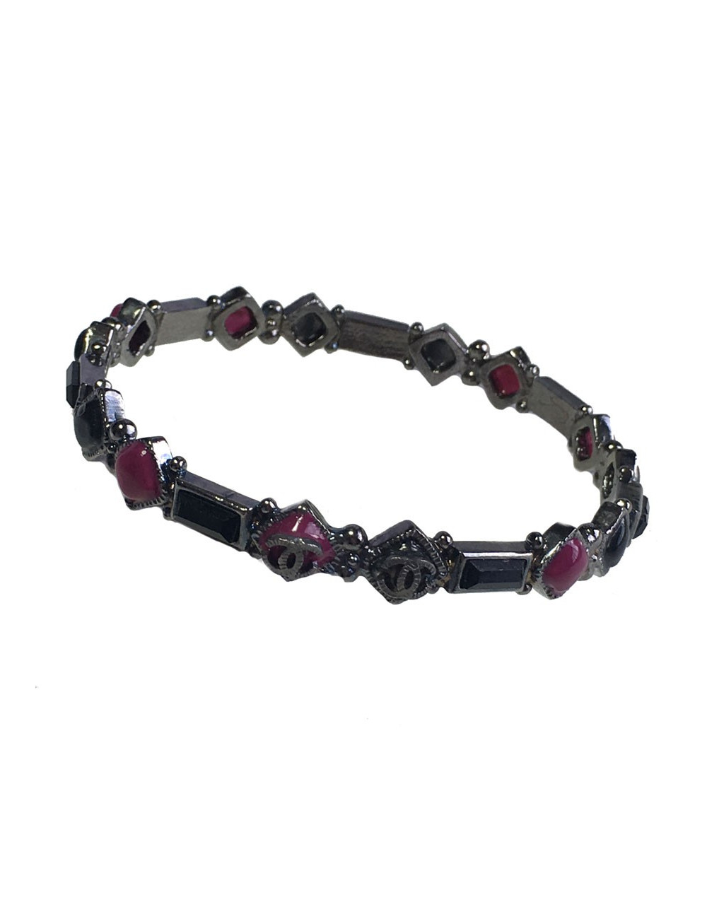 Bracelet CHANEL pâte de verre fuchsia, noir et cristal noir