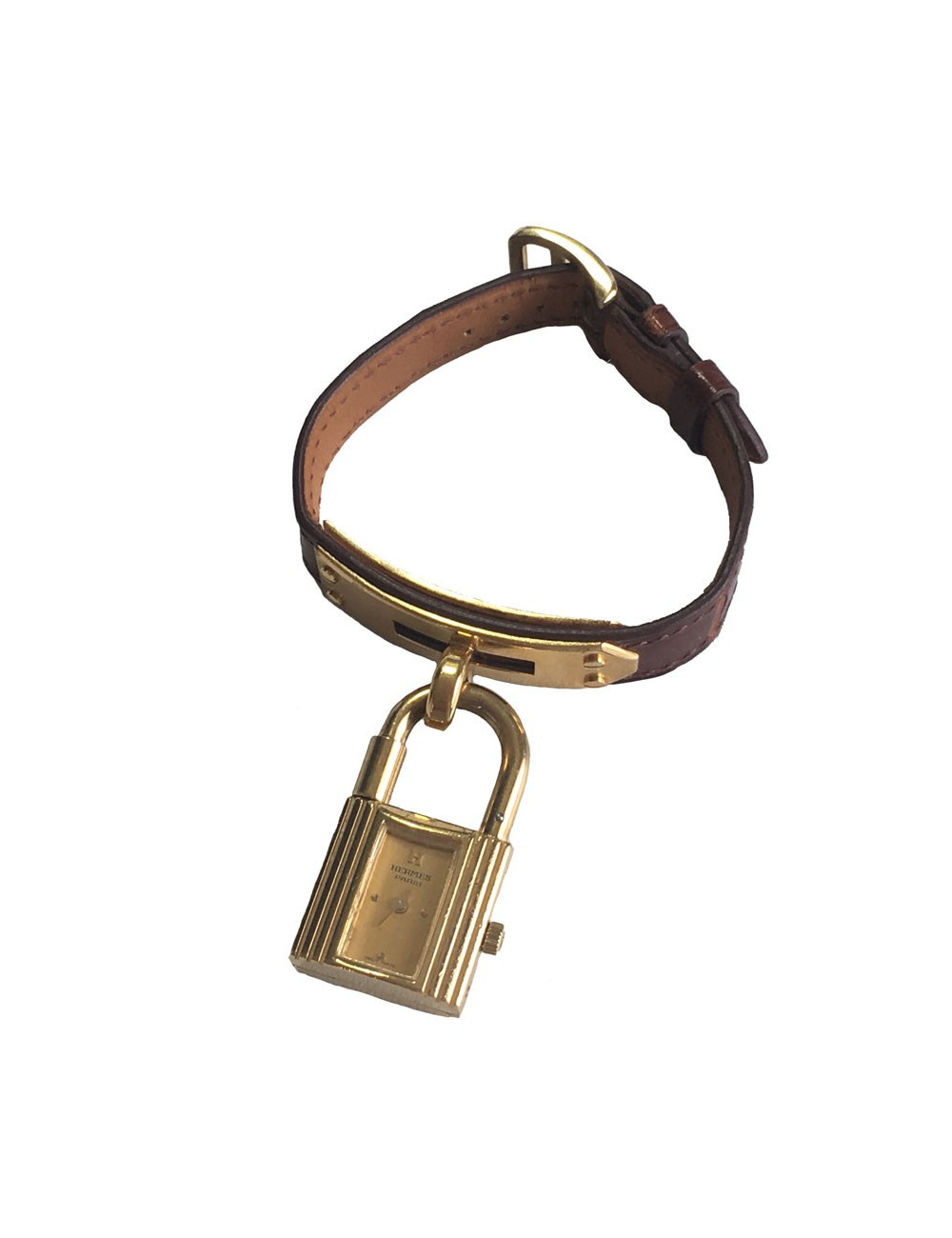 Montre Kelly HERMES bracelet en alligator marron et bijouterie plaqué or