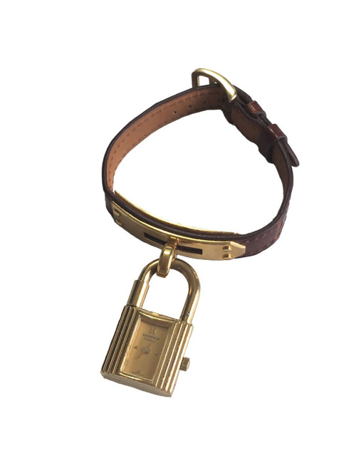Montre Kelly HERMES bracelet en alligator marron et bijouterie plaqué or