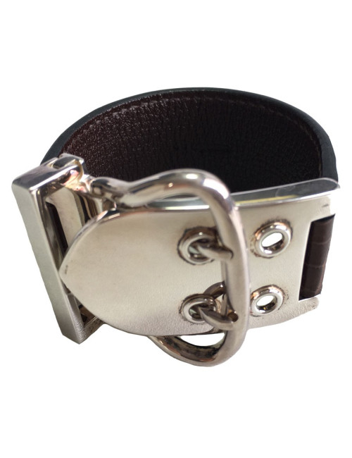 Bracelet HERMES boucle sellier TGM en argent et crocodile marron