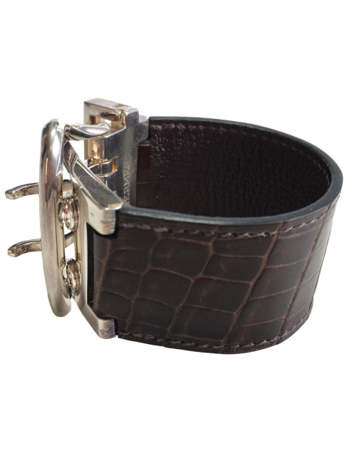 Bracelet HERMES boucle sellier TGM en argent et crocodile marron
