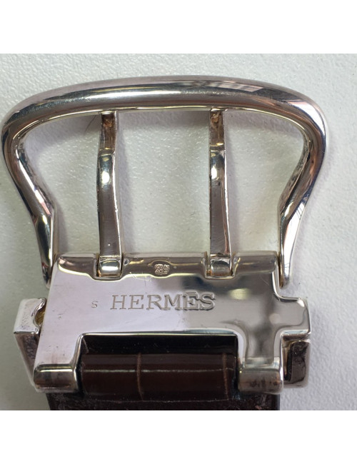 HERMES Bracelet in Brown Crocodile and Sellier Buckle in Sterling Silver 925Ag