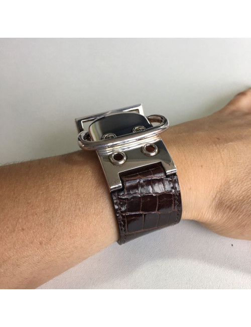 Bracelet HERMES boucle sellier TGM en argent et crocodile marron