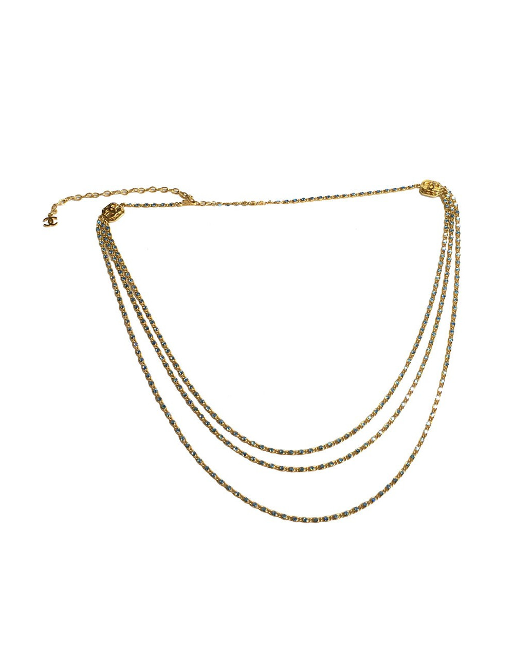 Ceinture sautoir CHANEL chaîne dorée et strass bleus