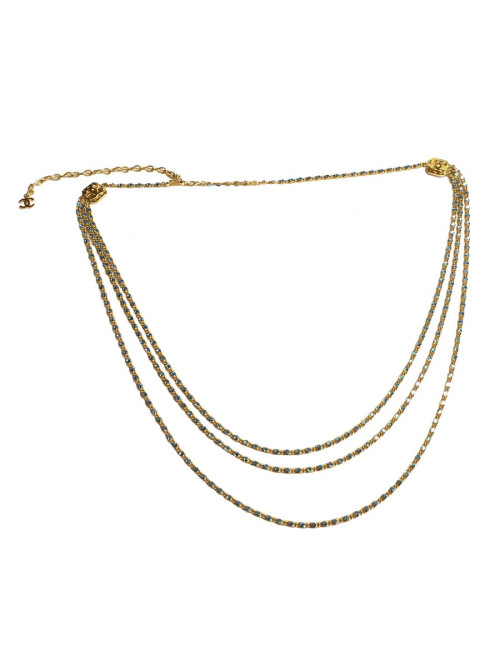 Ceinture sautoir CHANEL chaîne dorée et strass bleus