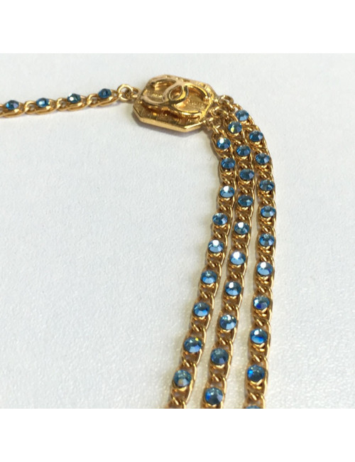 Necklace CHANEL golden chain and blue rhinestone belt