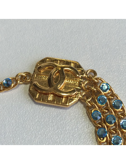 Necklace CHANEL golden chain and blue rhinestone belt