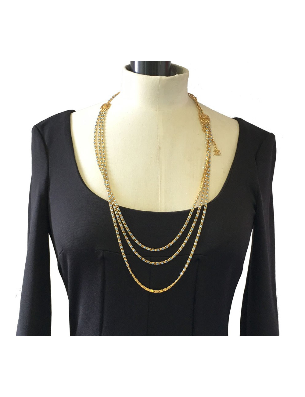 Ceinture sautoir CHANEL chaîne dorée et strass bleus