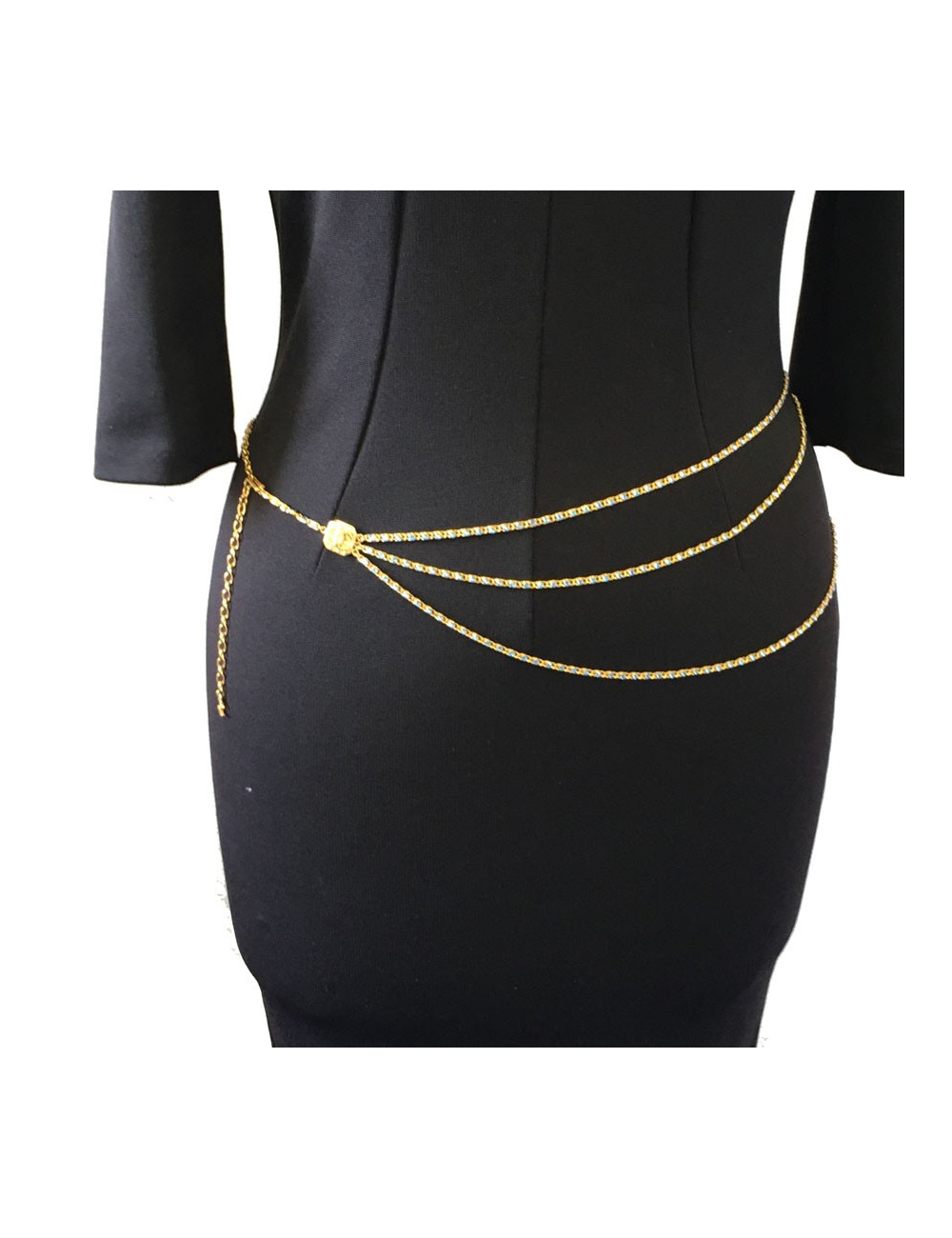 Necklace CHANEL golden chain and blue rhinestone belt