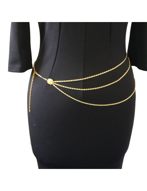 Ceinture sautoir CHANEL chaîne dorée et strass bleus