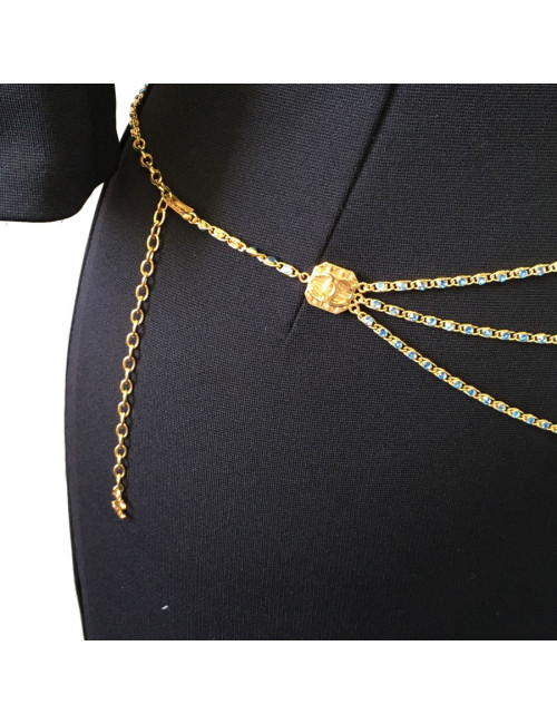 Necklace CHANEL golden chain and blue rhinestone belt