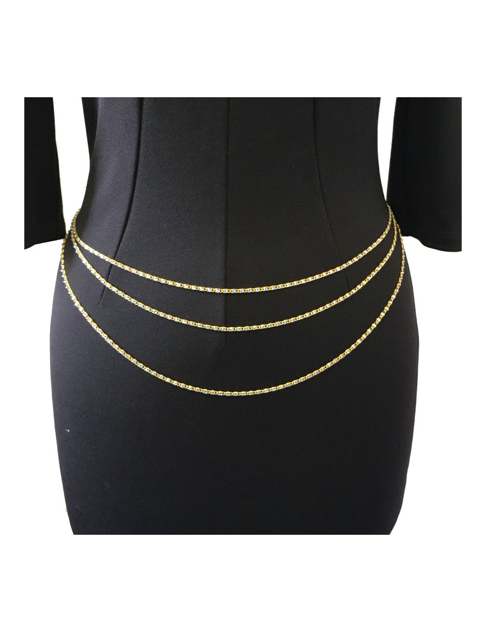 Necklace CHANEL golden chain and blue rhinestone belt