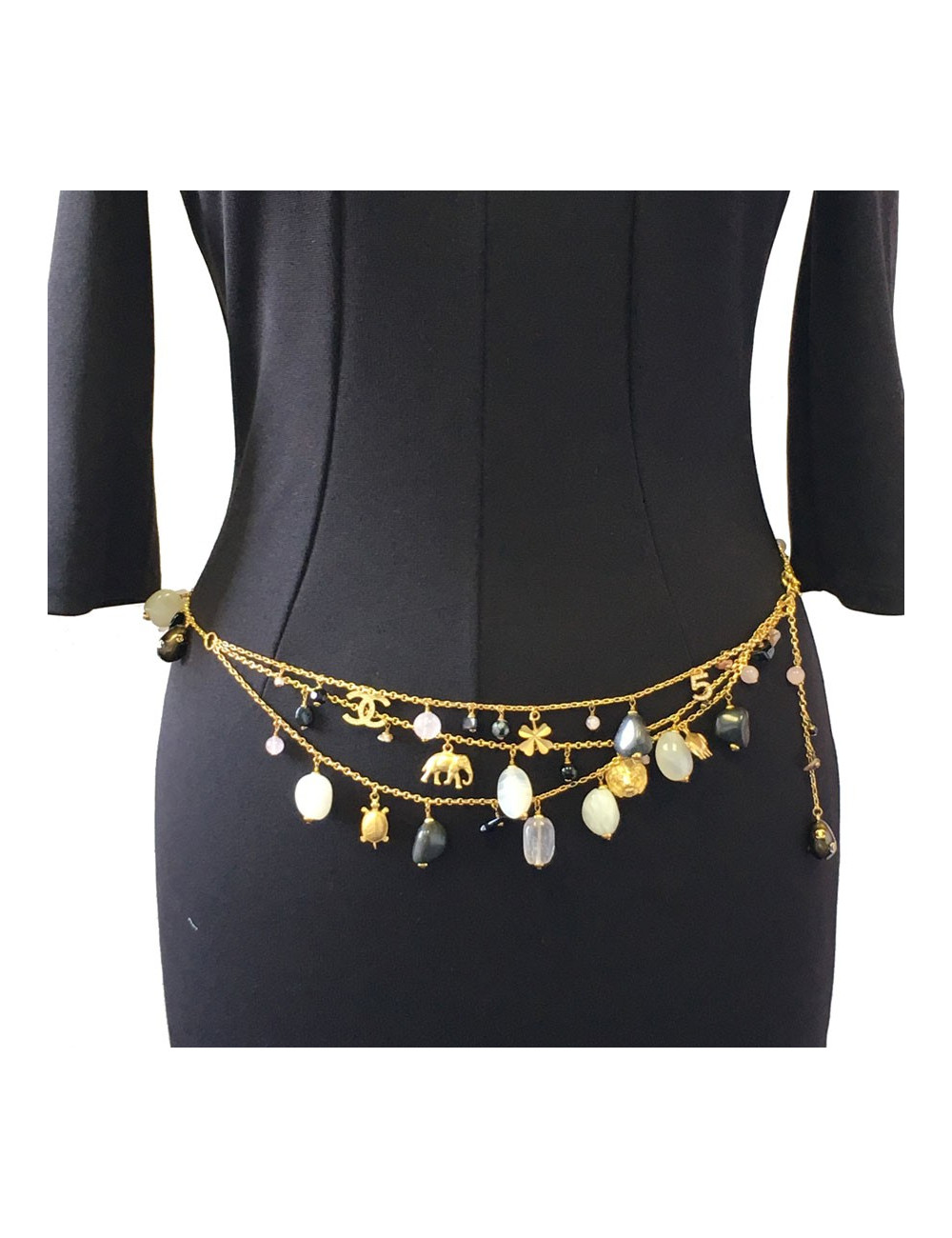 Ceinture sautoir CHANEL en pâte de verre et chaîne dorée