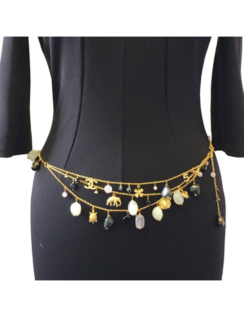 Ceinture sautoir CHANEL en pâte de verre et chaîne dorée