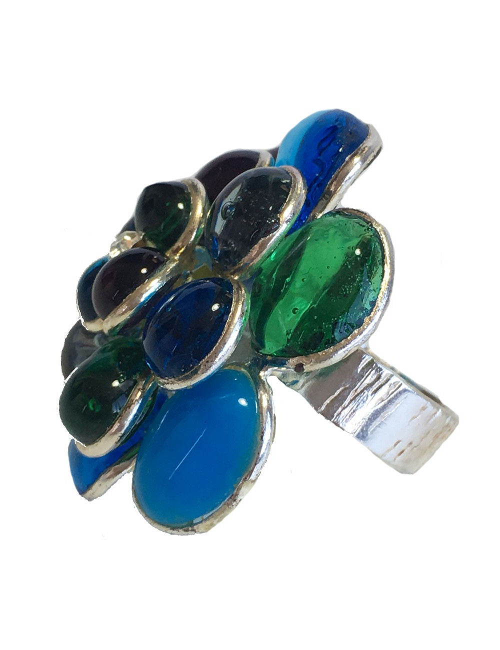 Bague camélia MARGUERITE de VALOIS en pâte de verre et métal argenté T53