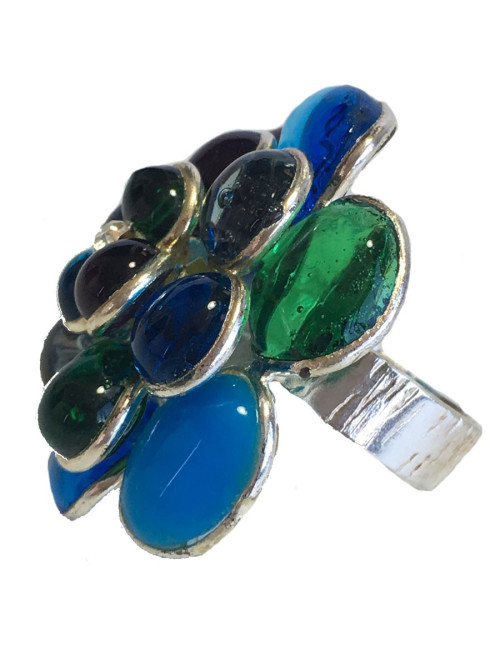Bague camélia MARGUERITE de VALOIS en pâte de verre et métal argenté T53