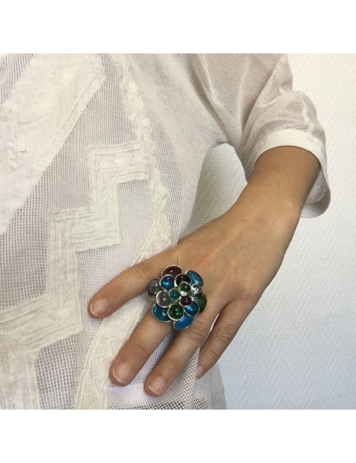 Bague camélia MARGUERITE de VALOIS en pâte de verre et métal argenté T53