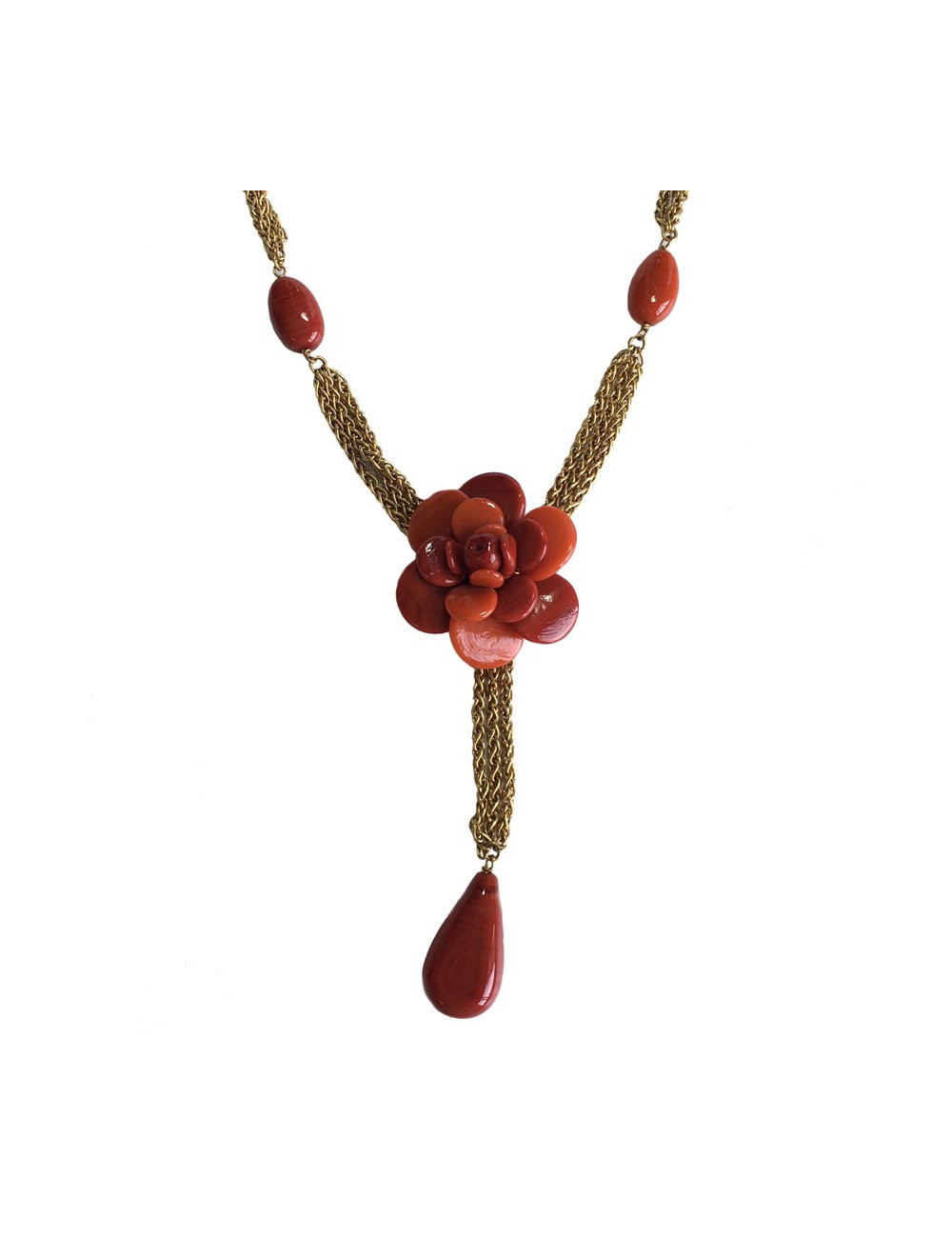 Collier CHANEL couture chaîne et camélia orange