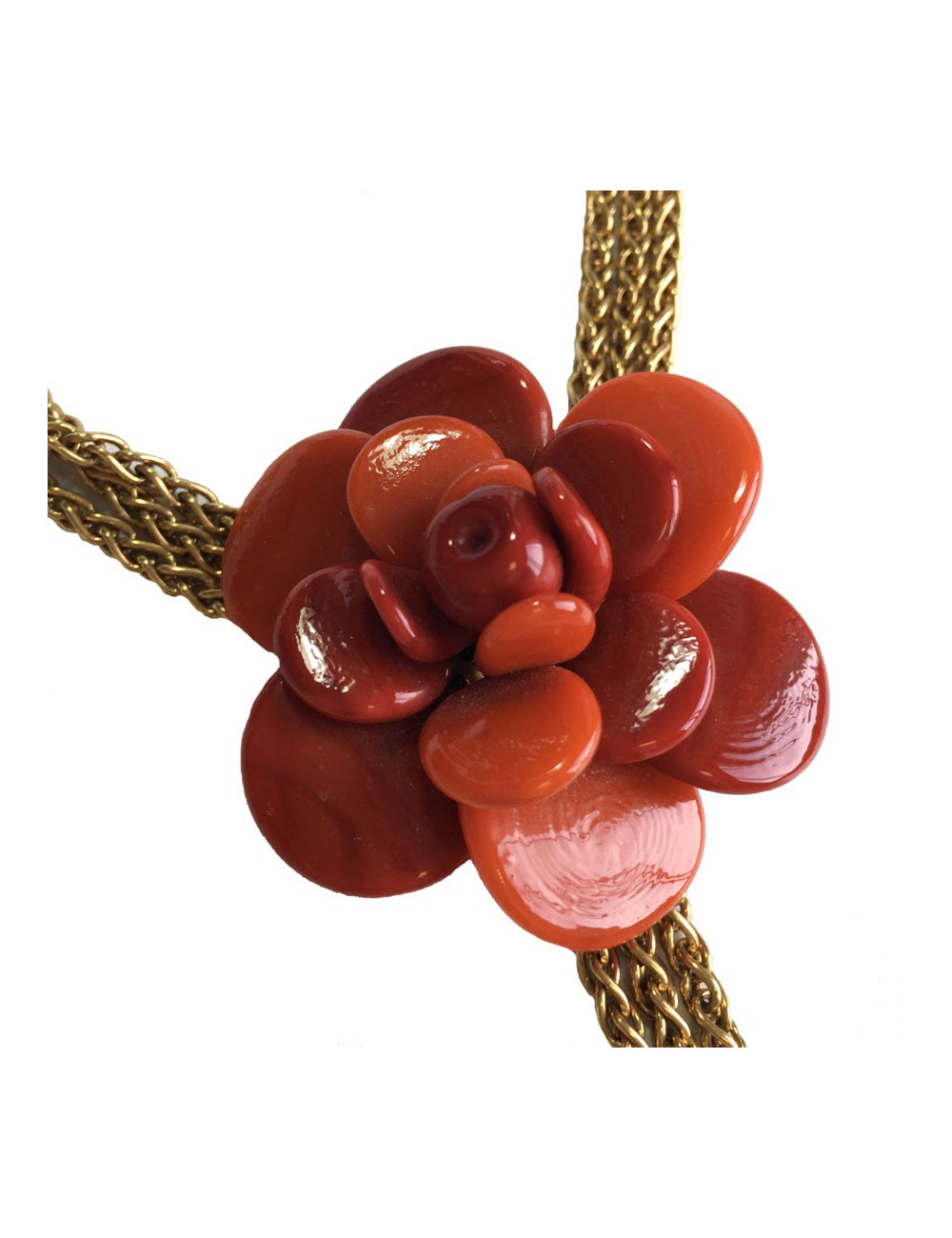 Collier CHANEL couture chaîne et camélia orange