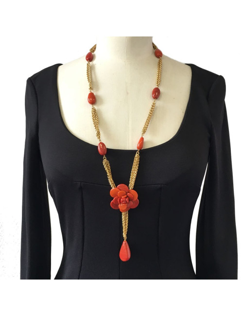Collier CHANEL couture chaîne et camélia orange