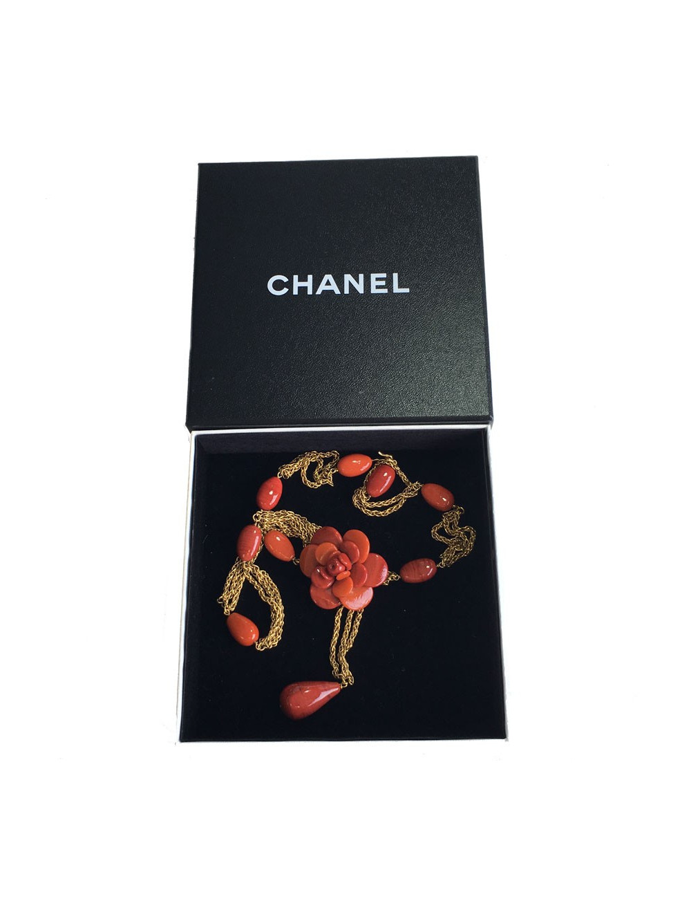 Collier CHANEL couture chaîne et camélia orange
