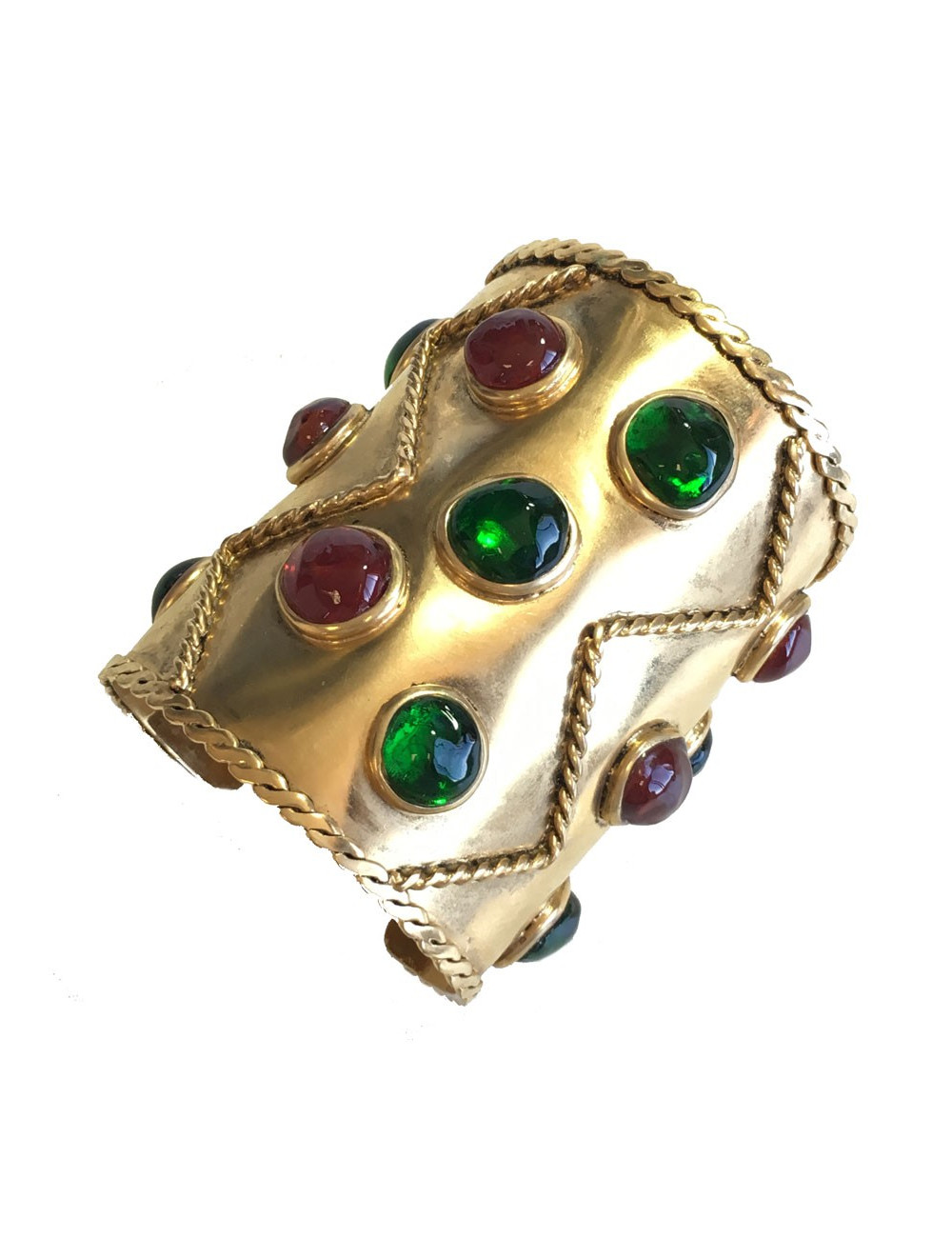 Manchette MARGUERITE de VALOIS en métal doré et pâte de verre couleur émeraude et grenat