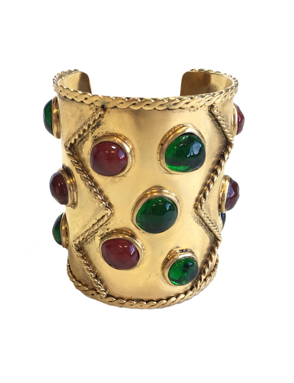 Manchette MARGUERITE de VALOIS en métal doré et pâte de verre couleur émeraude et grenat