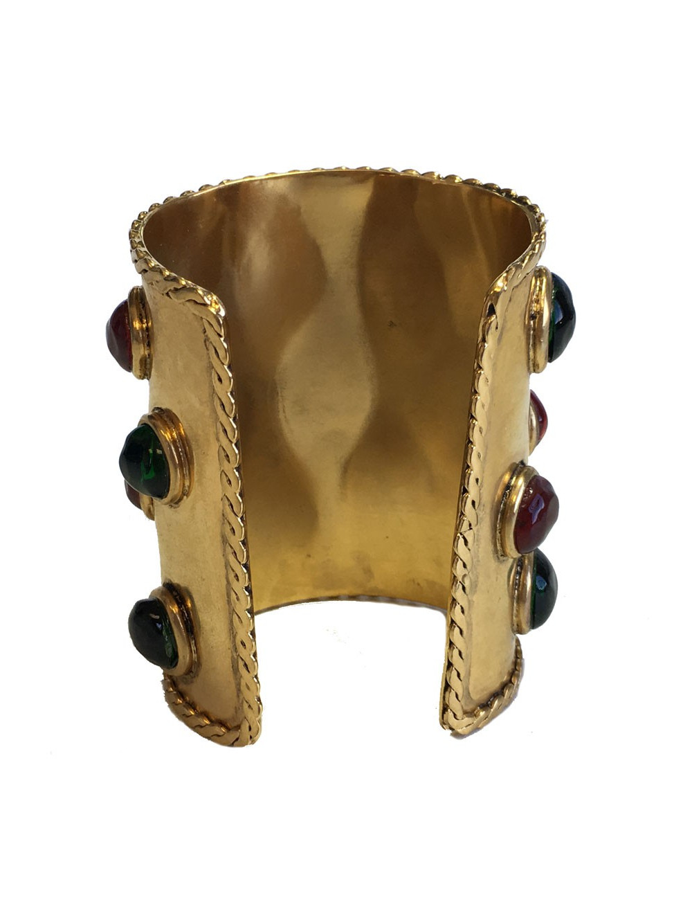 Manchette MARGUERITE de VALOIS en métal doré et pâte de verre couleur émeraude et grenat